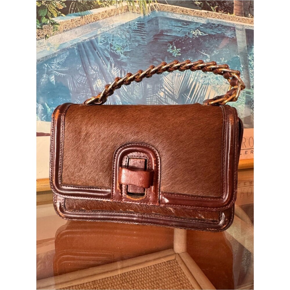 Vintage Tano Madrid Haircalf Leather Wood Clasp Handbag Brown Made in Spain